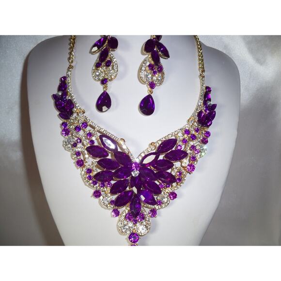 Purple rhinestone necklace set prom party formal evening wedding bridal necklace - Picture 9 of 9